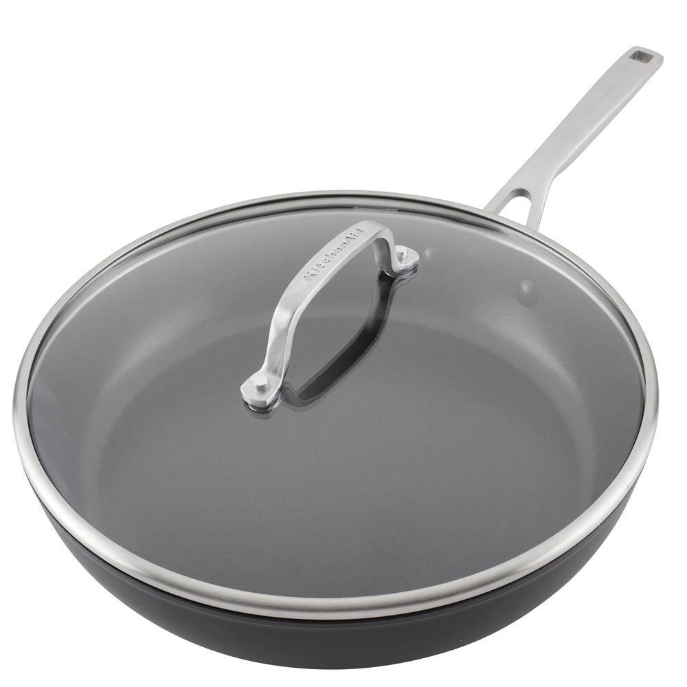 12.25 in. Hard-Anodized Induction Aluminum Nonstick Frying Pan with Lid Black Matte - Hercitys