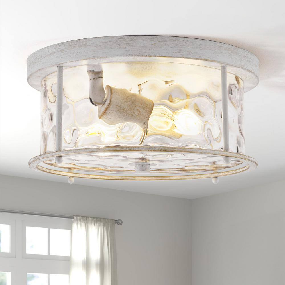 12.5 in. 2-Light White Gold Flush Mount Water Ripple Glass Ceiling Light with Metal Frame - Hercitys