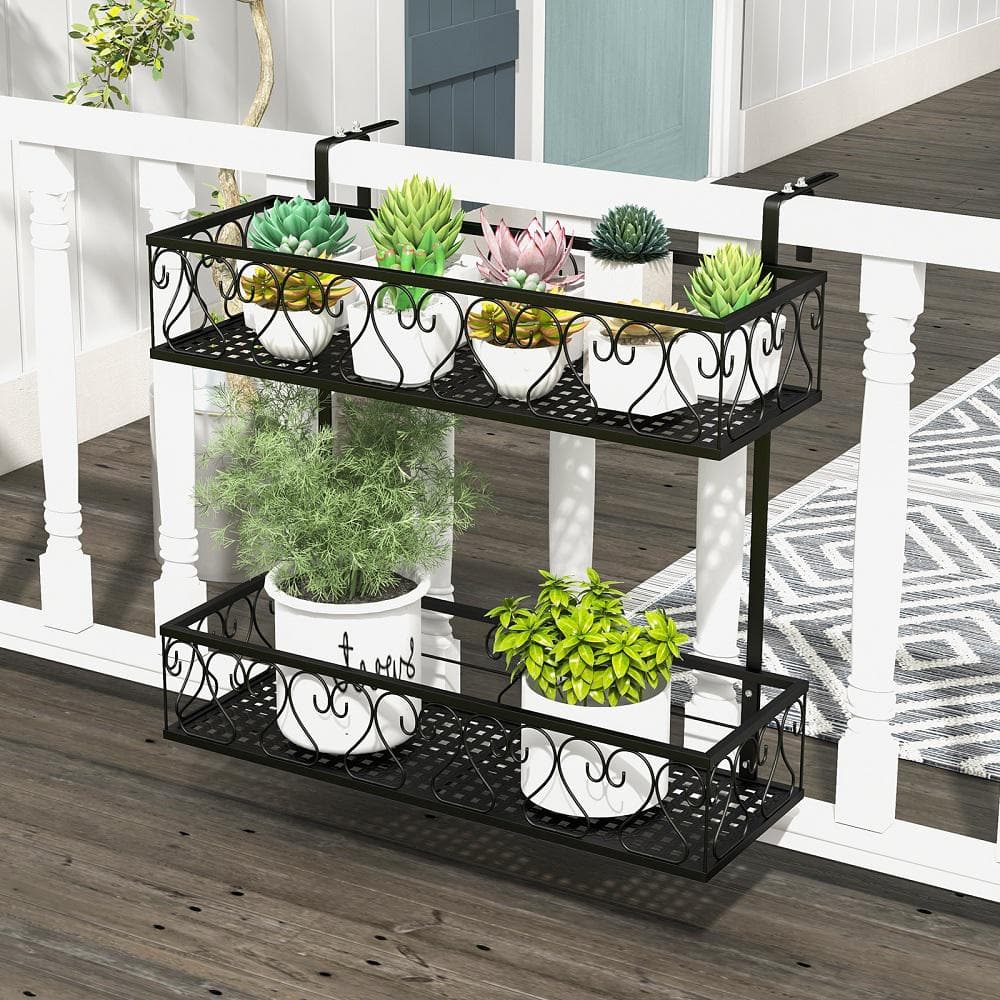 2-Tier Metal Hanging Flower Rack Flower Pot Holder w/Adjustable Hooks Railing Basket Shelf Potted Plant Container - Hercitys