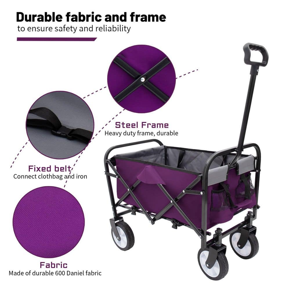 2 cu. ft. Steel Frame Outdoor Garden Cart Support 225 lbs. Waterproof Fabric Folding Wagon With Fixed Belt, Purple - Hercitys