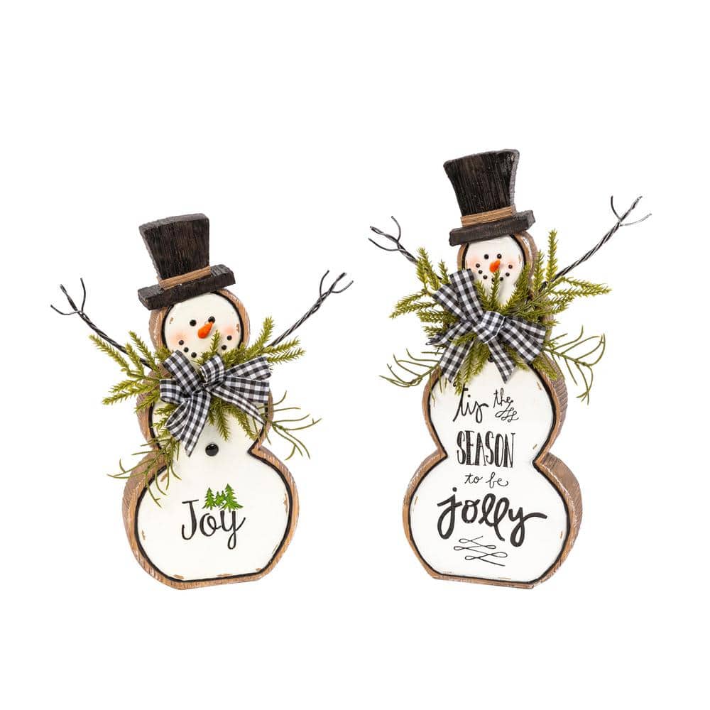 13.75 in. H Resin and Metal Snowman Figurines with Pine and Bow Lg (Set of 2) - Hercitys