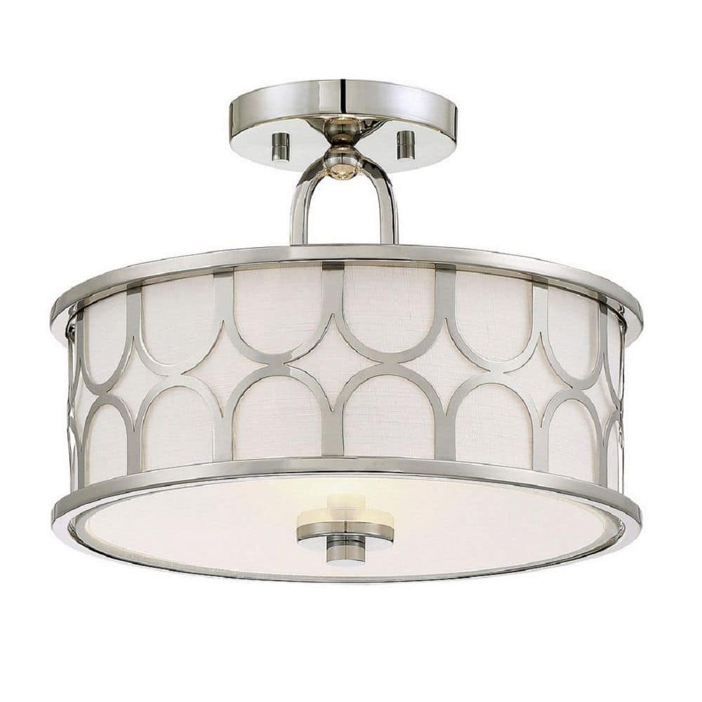 13 in. W x 10 in. H 2-Light Polished Nickel Semi-Flush Mount with White Fabric Shade and Geometric Metal Frame - Hercitys