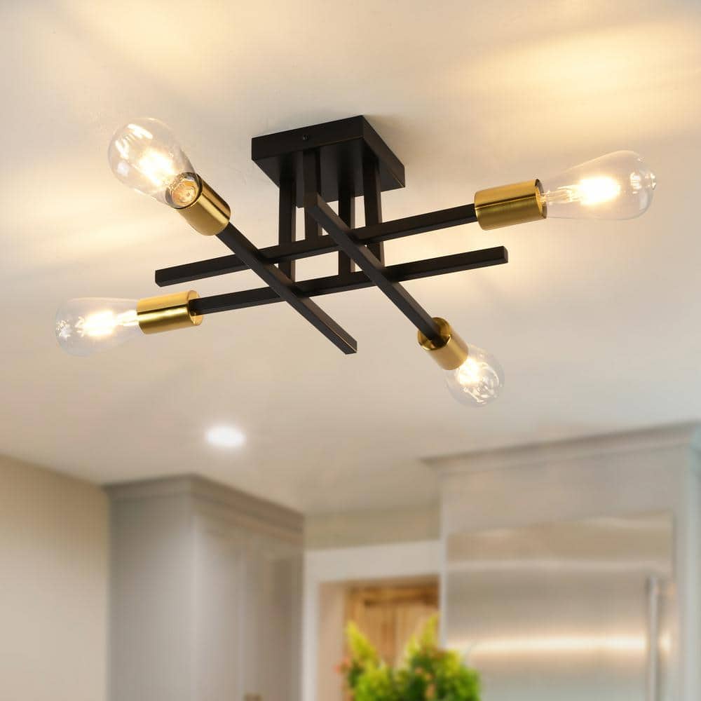 18.11 in. 4-Light Black/Gold Dimmable Sputnik Linear Chandelier Semi Flush Mount Chandelier for Living Dining Room Foyer - Hercitys