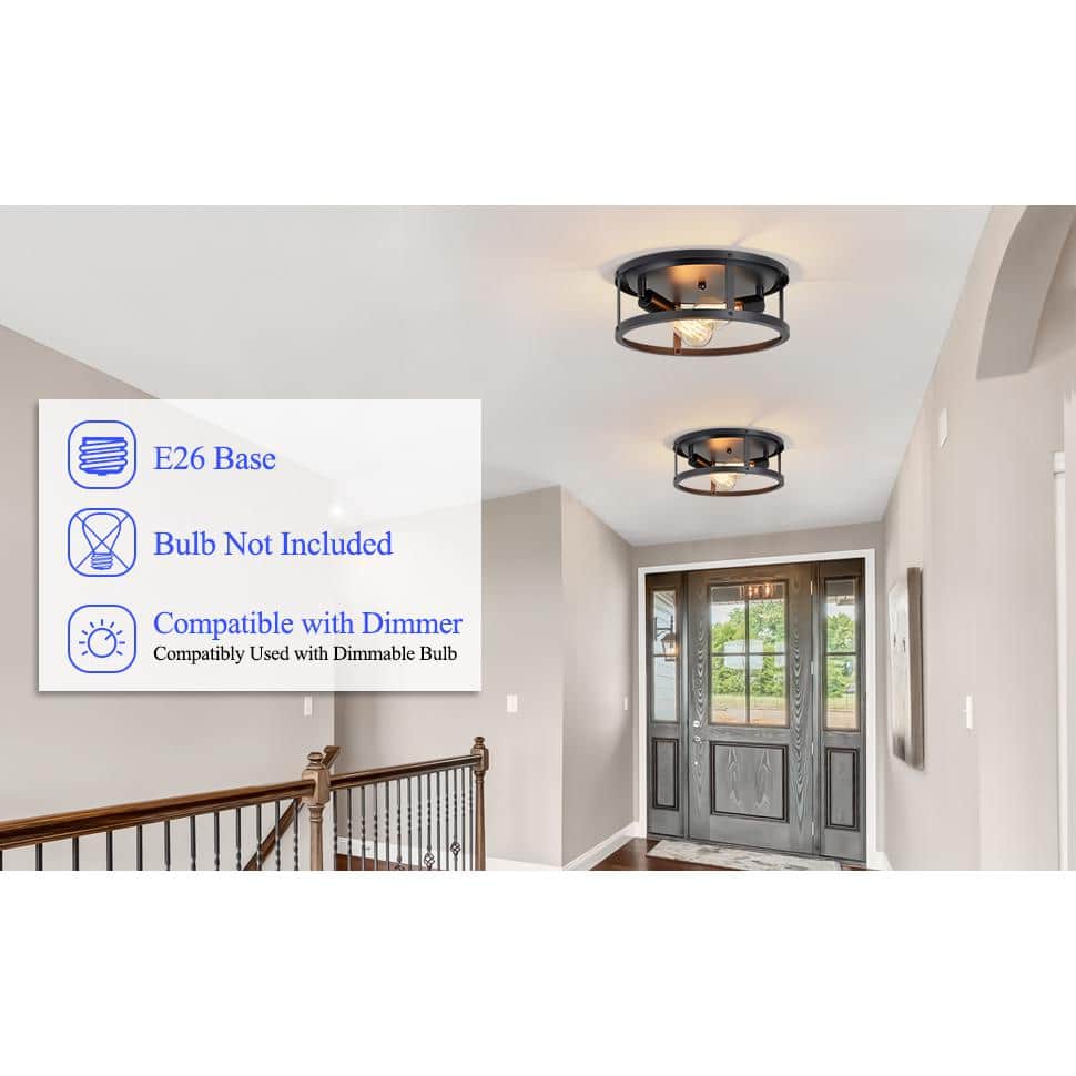 12.7 in. 2-Light Farmhouse Black Flush Mount Ceiling Light with No Bulbs Included (2-Pack) - Hercitys