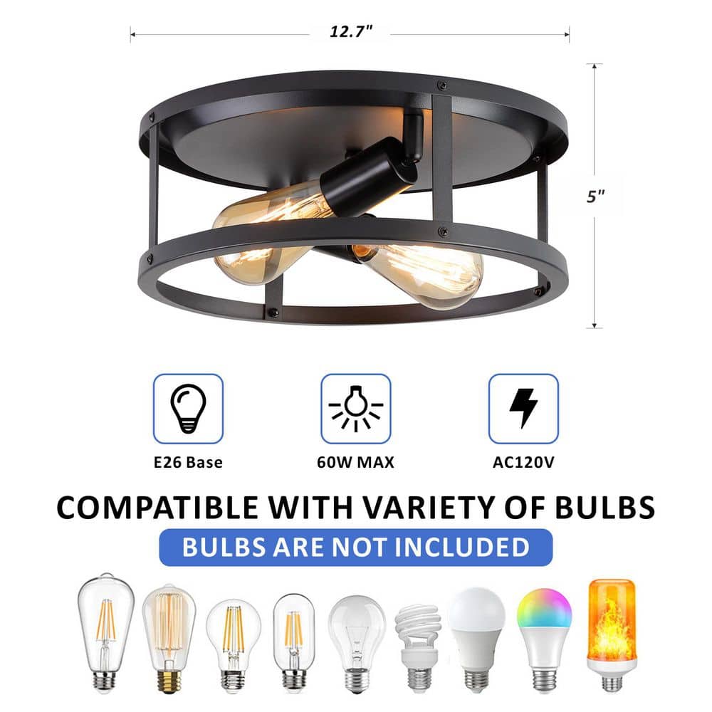 12.7 in. 2-lights Matte Black Flush Mount Ceiling Light Fixtures With Cage-style Straight Metal Frame (2-Pack) - Hercitys