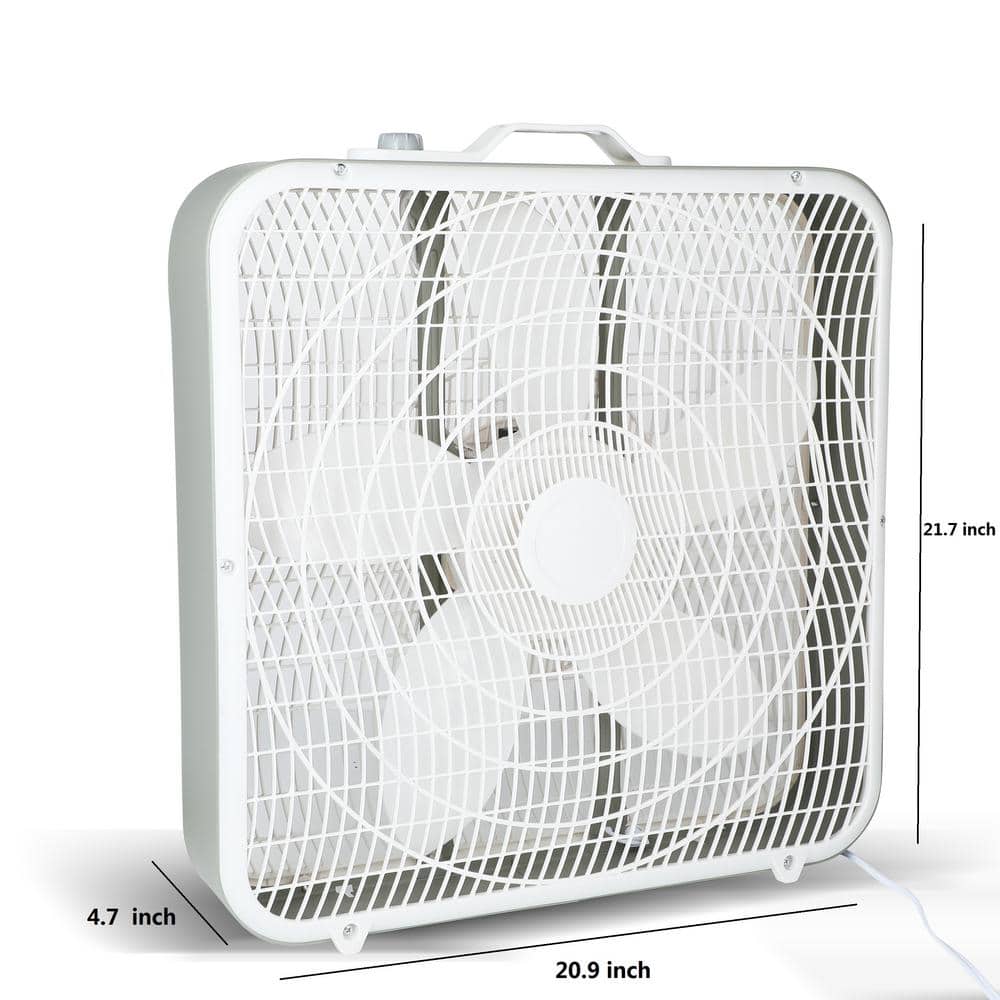 20 in. 3-Speed Portable Box Fan in White with Convenient Carry Handle and Safety Grills, For Home Office - Hercitys