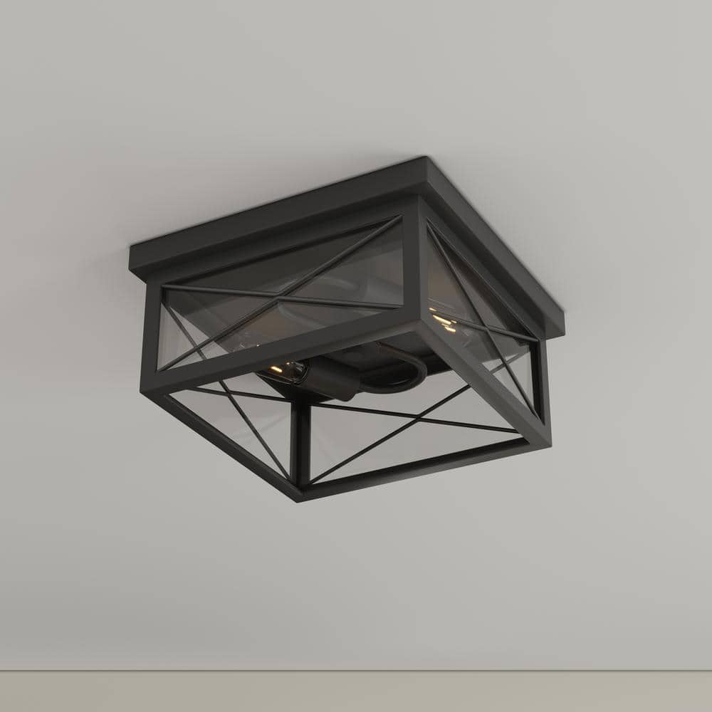 12.2 in. 2-Light Industrial Black Flush Mount Metal Farmhouse Close to Ceiling Light Fixture with Clear Glass Shade - Hercitys