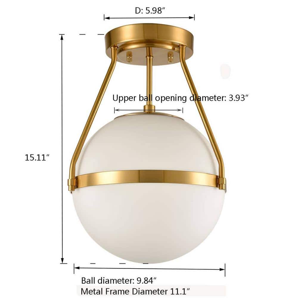 11.1 in. 1-Light Gold Modern Semi-Flush Mount with Frosted Glass Shade and No Bulbs Included 1-Pack - Hercitys