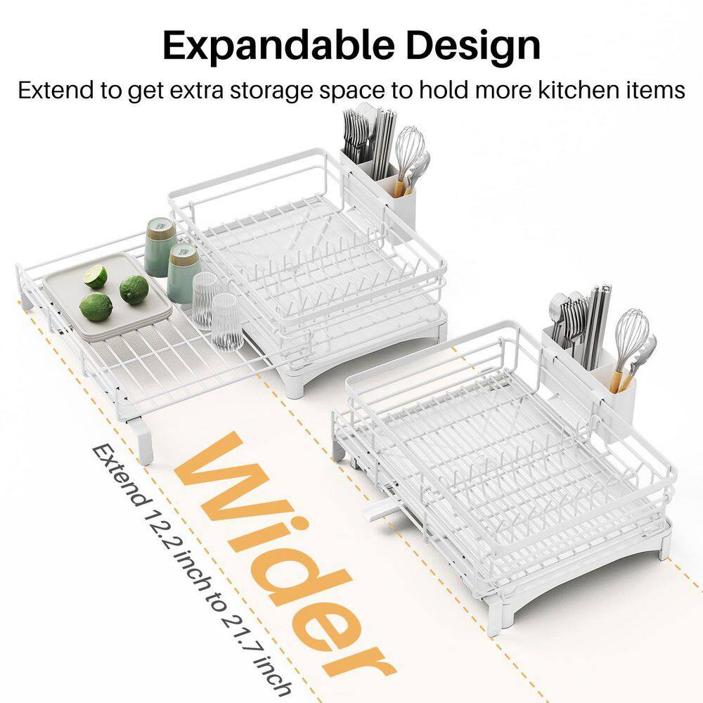12.2 in. to 21.7 in. White Extendable Dish Rack, Dish Drying Rack, Stainless Steel Dish Strainer with Utensil Holder - Hercitys