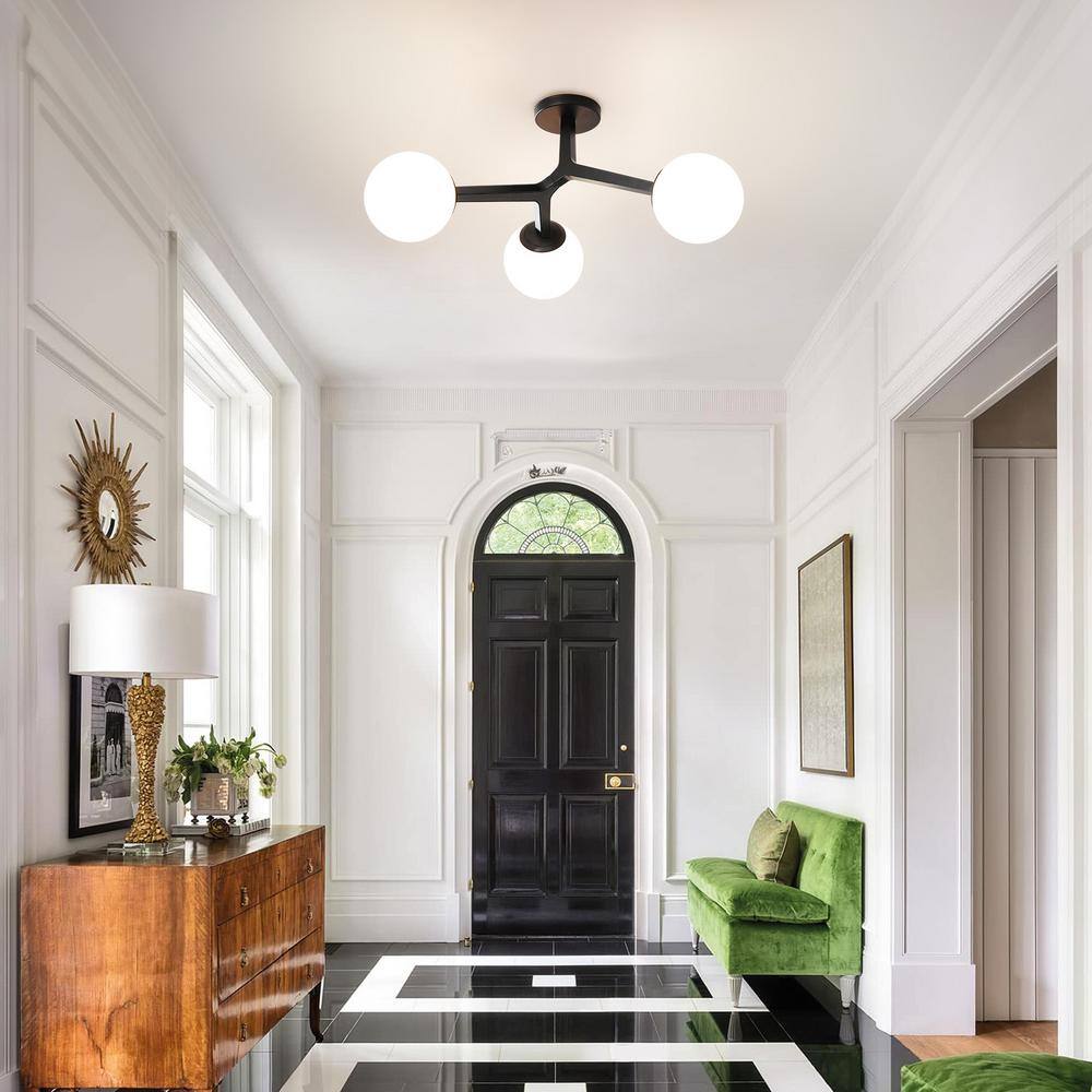 31.5 in. 3-Light Matte Black Modern Semi-Flush Mount With Milky Frosted Glass Shade Mid Century Sputnik Light Fixture - Hercitys