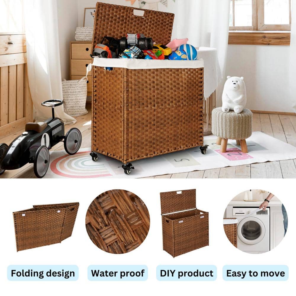 42.26 Gal. Brown Rattan Deck Box Laundry Hamper with Lid and 2 Removable Bags - Hercitys