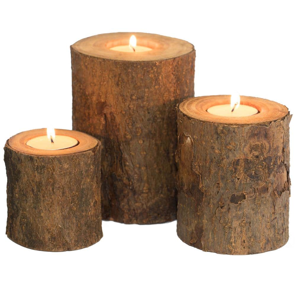 3.75 in. H Bark Wooden Pillar Tree Stump Tea Light Rustic Candle Holder (Set of 3) - Hercitys