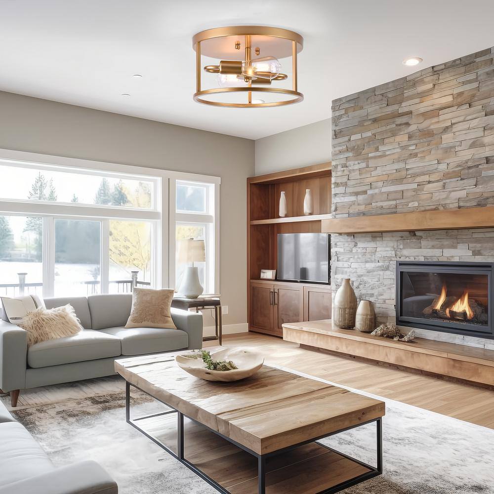 2-Light Gold Farmhouse Round Cage Flush Mount Ceiling Light with No Bulbs Included 12.59 in. - Hercitys