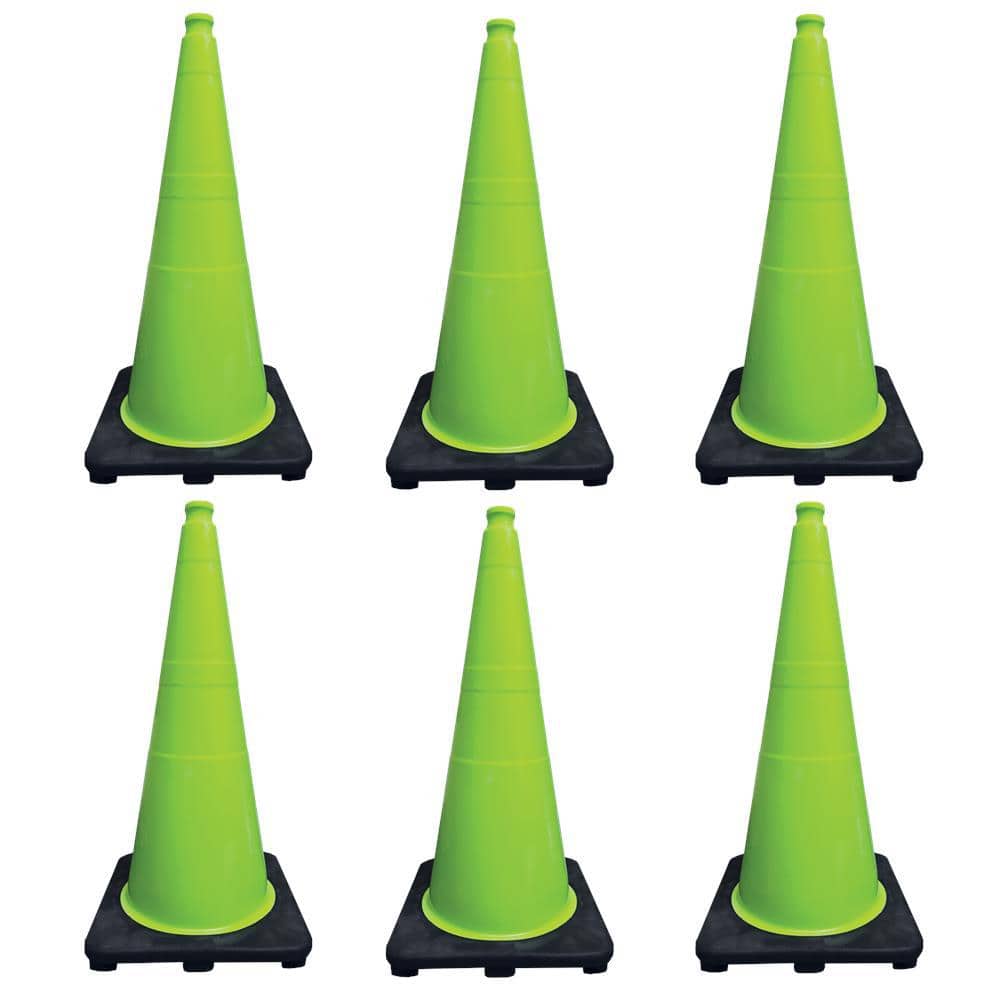 28 in. Lime Green Traffic Cone with Black Base 7 lbs. (6-Pack) - Hercitys