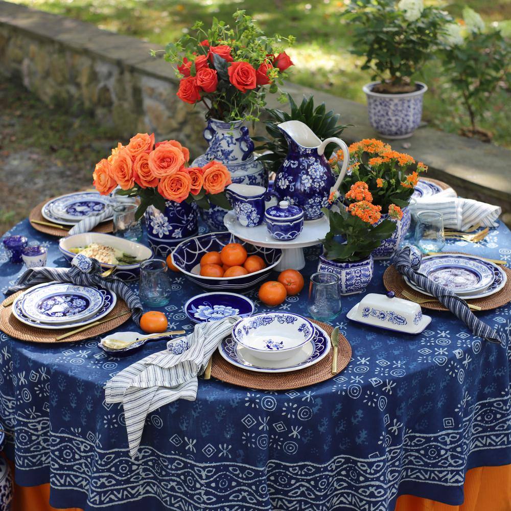 18 in. Blue Garden Stoneware Oval Serving Platter - Hercitys