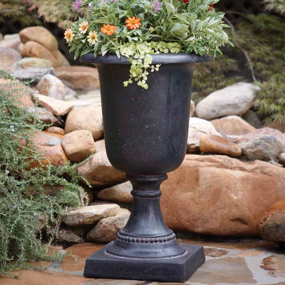 17-1/2 in. x 29 in. Cast Stone Fiberglass Italian Urn in Aged Charcoal - Hercitys