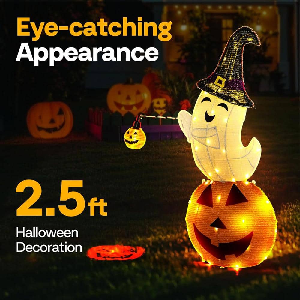 2.5 ft. Height LED Lighted Halloween Collapsible Metal Ghost on Pumpkin with Projection Effect - Hercitys
