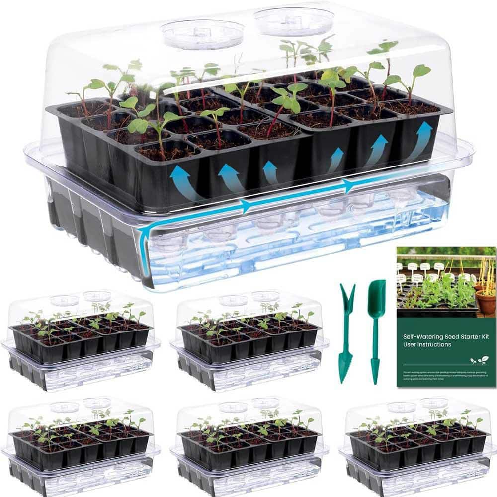 3-Pack 72 Cells Self Watering Seed Starter Trays w/ Humidity Domes for Plant Germination and Seedling Growing - Hercitys