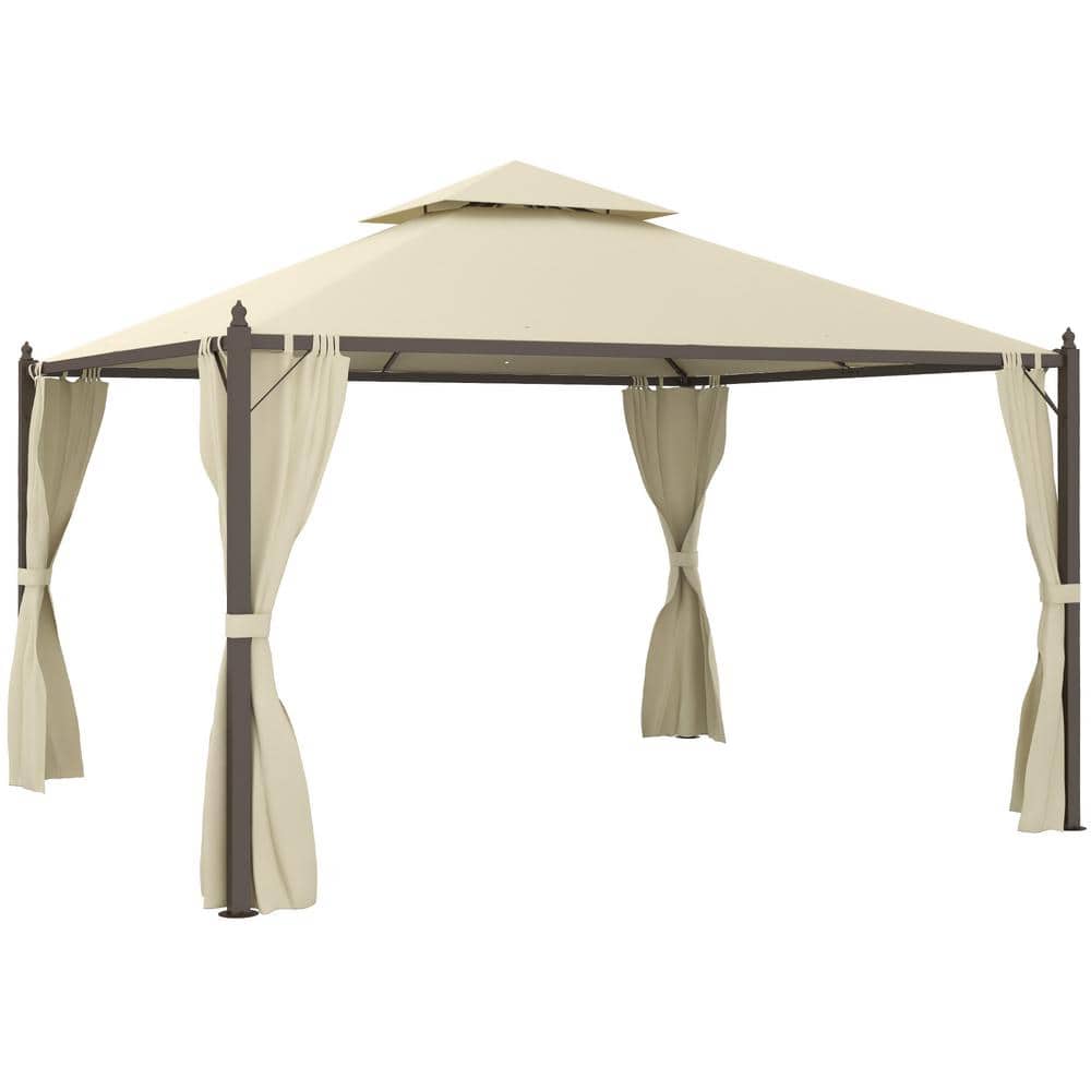 10 ft. x 12 ft. Beige Outdoor Patio Gazebo with Polyester Privacy Curtains, Two-Tier Roof - Hercitys