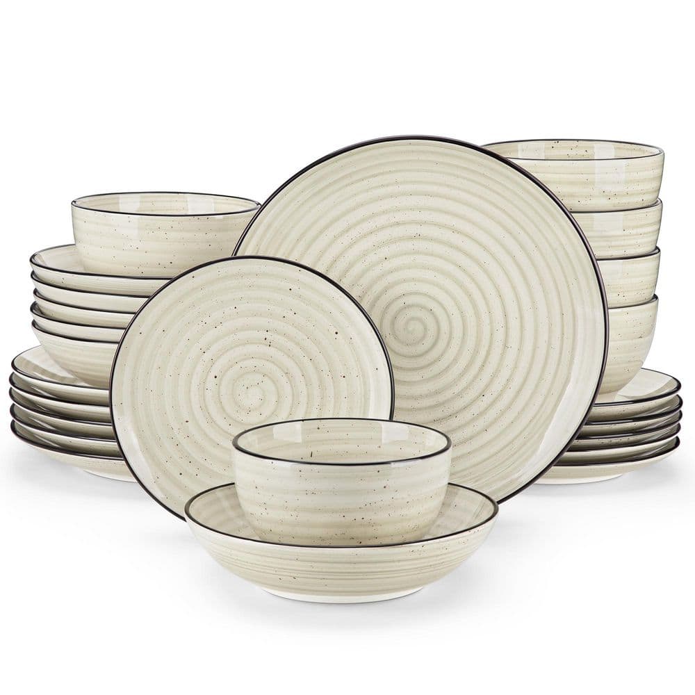 24-Piece Beige Stoneware Dinnerware Set (Service for 6) Bowls and Plates Set Dishware - Hercitys