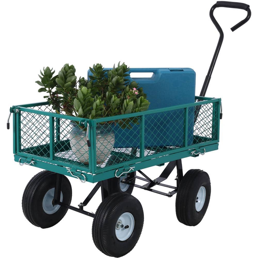 3 cu. ft. 500 lbs. Capacity Metal Yard Wagon Garden Cart Removable Sides Flat Bed Green - Hercitys