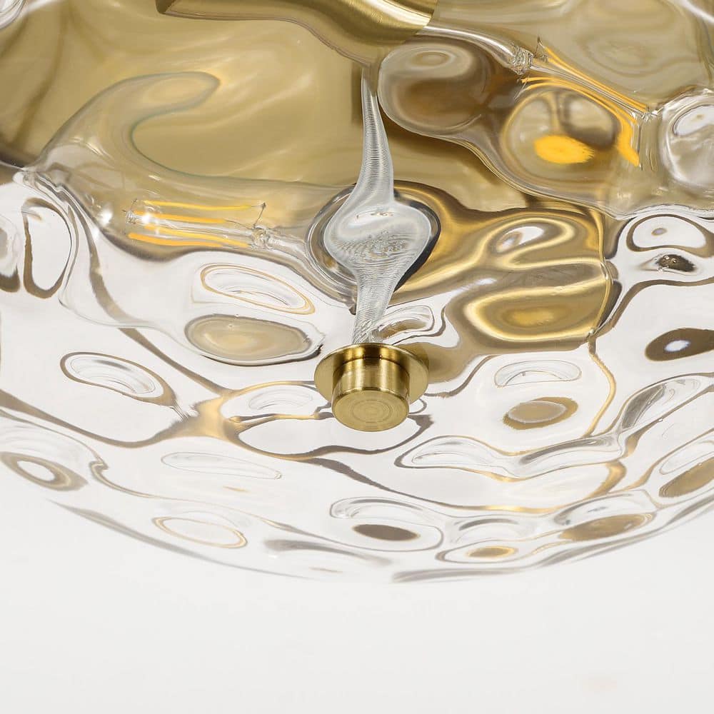 12 in. 2-Light Brass Gold Flush Mount Water Ripple Glass Ceiling Light with Metal Frame - Hercitys