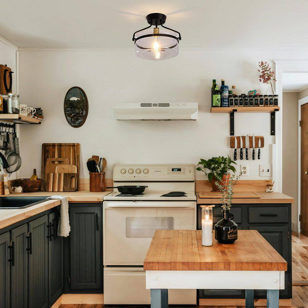 13.3 in. 1-Light Black Modern Semi-Flush Mount Ceiling Light with Glass Shade - Hercitys