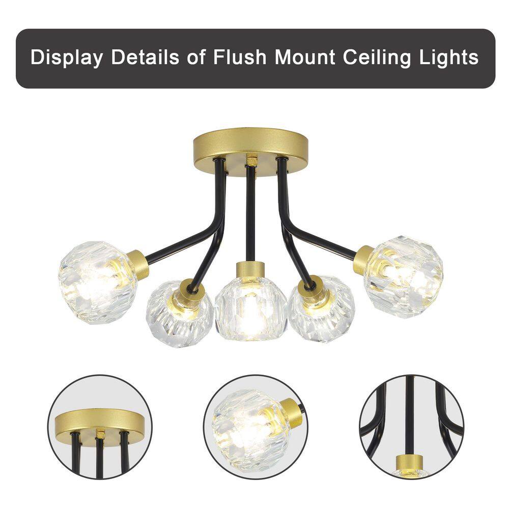 16.14 in. 5-Light Black Gold Transitional Semi-Flush Mount with No Bulbs Included - Hercitys