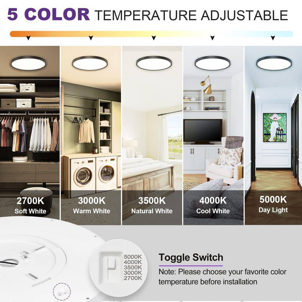 24 in. 48-Watt 3050 Lumens Black Integrated LED Flat Panel Light Flush Mount Ceiling Light with 5CCT Selectable - Hercitys