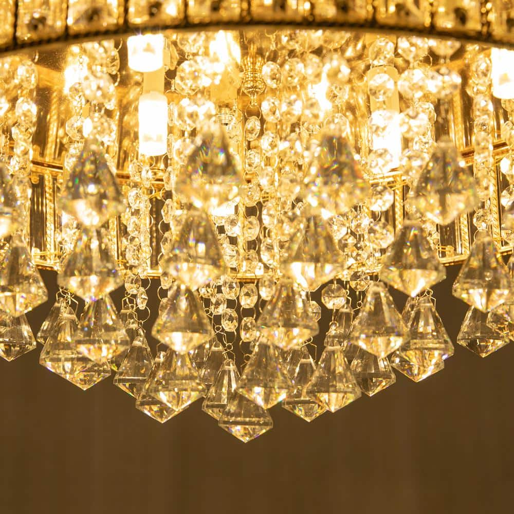 19.68 in. 9-Light Gold Modern Round Flush Mount Ceiling Light with Clear Crystal Shade and No Bulbs Included - Hercitys