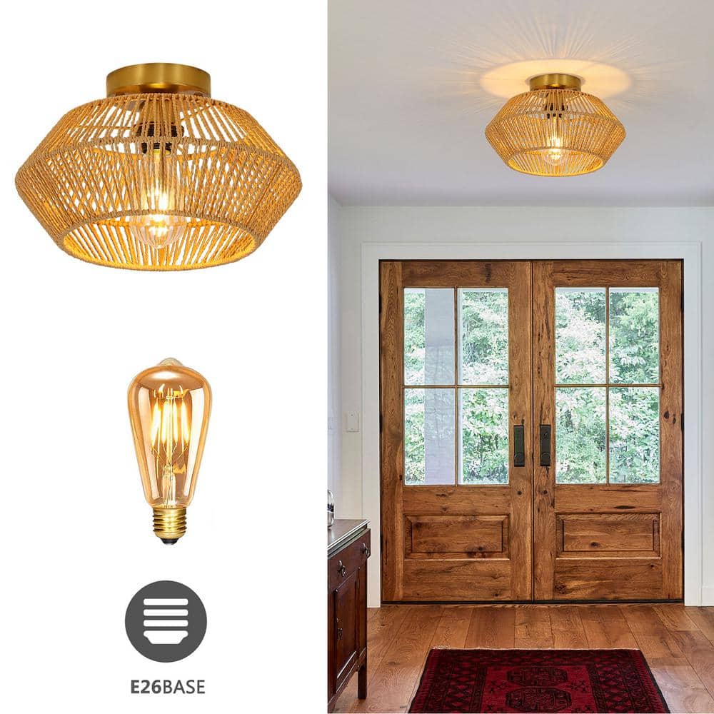 12.6 in. 1-Light Gold Retro Hand Woven Paper String Semi-Flush Mount Ceiling Light - Hercitys