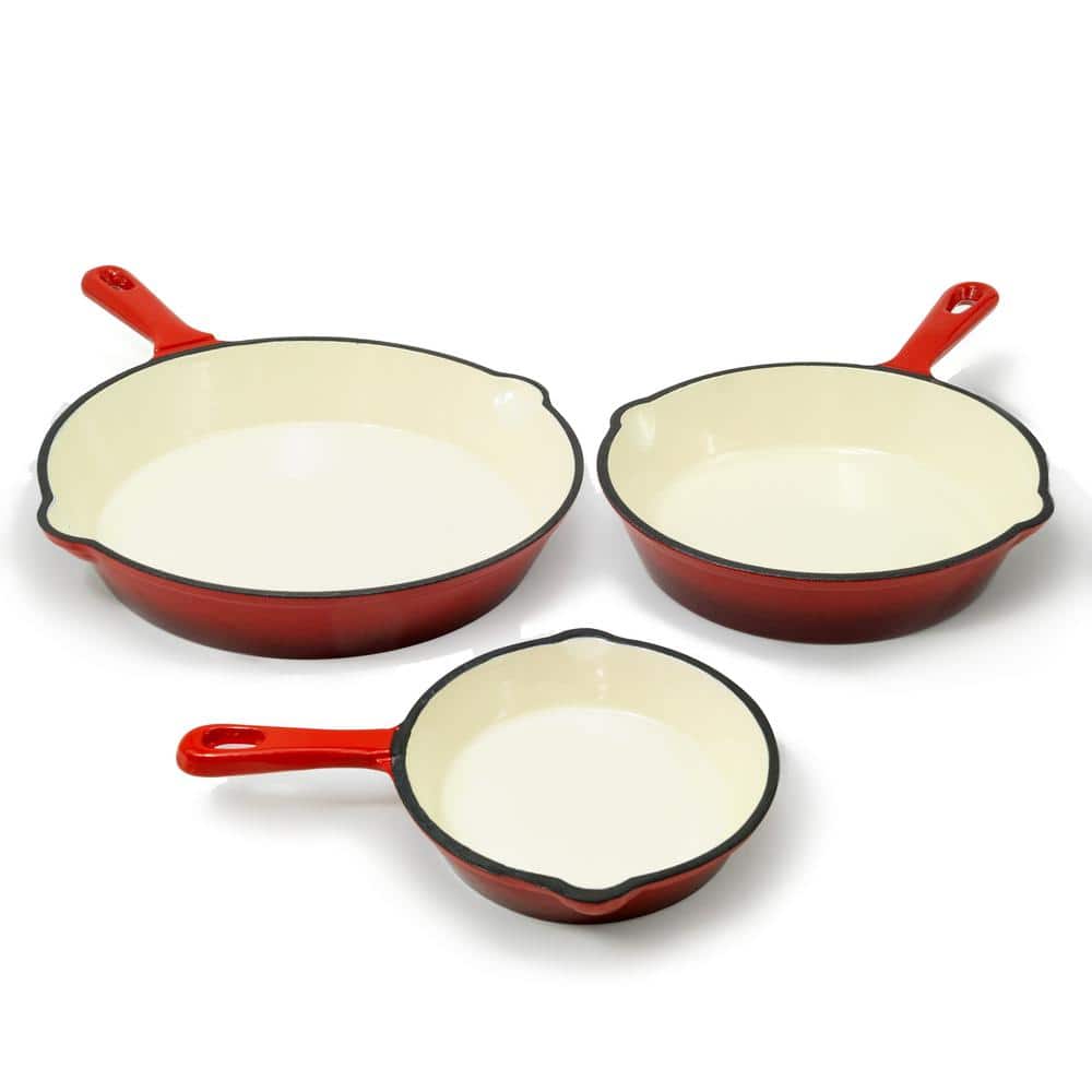 3-Piece Cast Iron Skillet Set with Red Enamel Coating - Hercitys