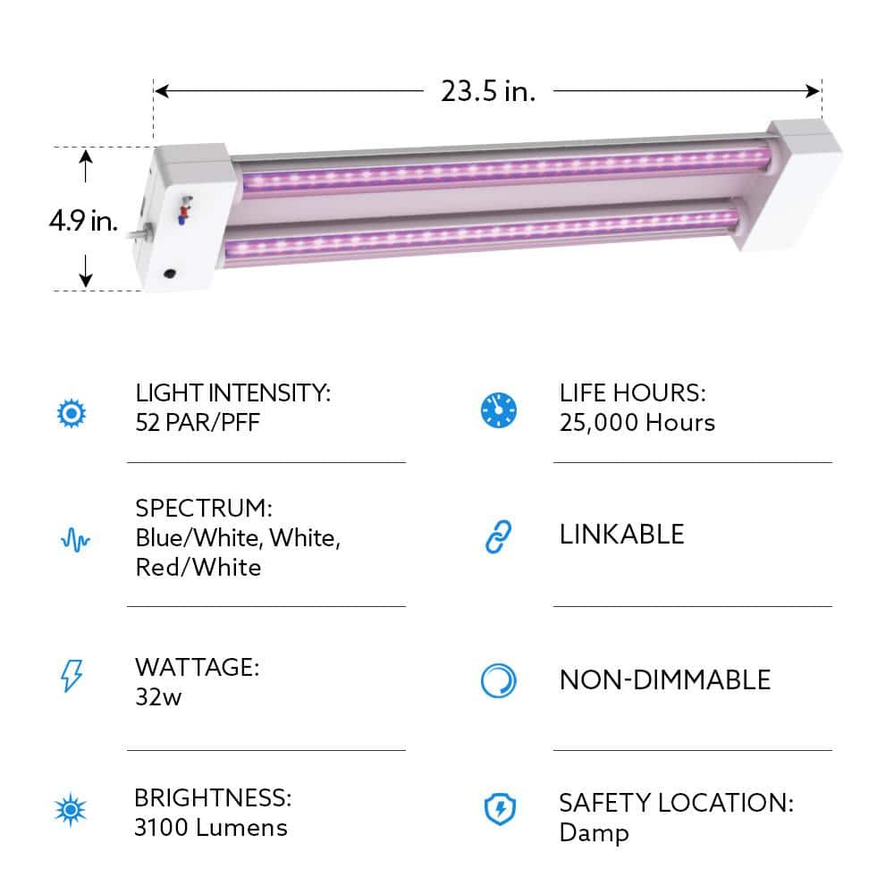 2 ft. 32-Watt White LED 3 Adjustable Spectrum Linkable Plant Grow Light Fixture - Hercitys