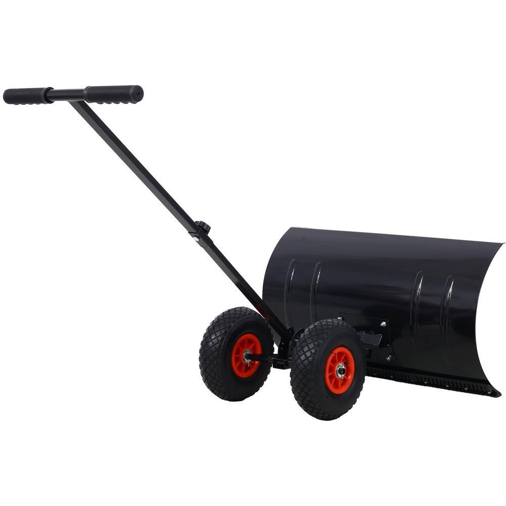 47 in. Sheet Metal Handle Steel Snow Shovel Rolling Pusher with 29 in. Blade and 10 in. Wheels in Black and Red - Hercitys