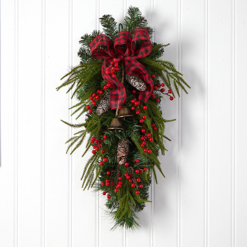 24 in. Unlit Artificial Holiday Christmas Pine Cones, Berry and Bells Swag - Hercitys