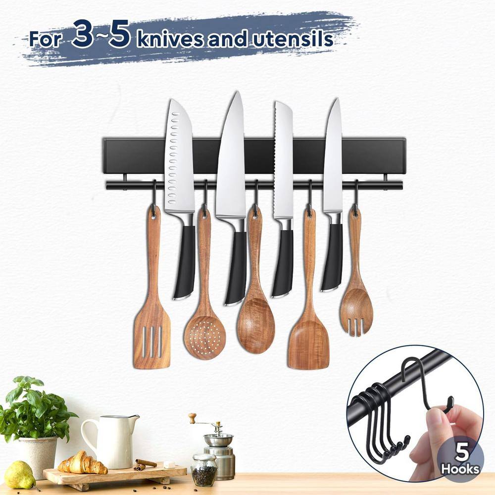 5-Knife 12 in. Stainless Steel Magnetic Knife Holder with 5 Hooks, Black Knife Magnetic Strip, Magnetic Knife Bar - Hercitys