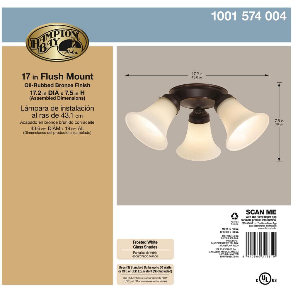 17.5 in. 3-Light Oil-Rubbed Bronze Flush Mount with Bell Shaped Frosted Glass Shades - Hercitys