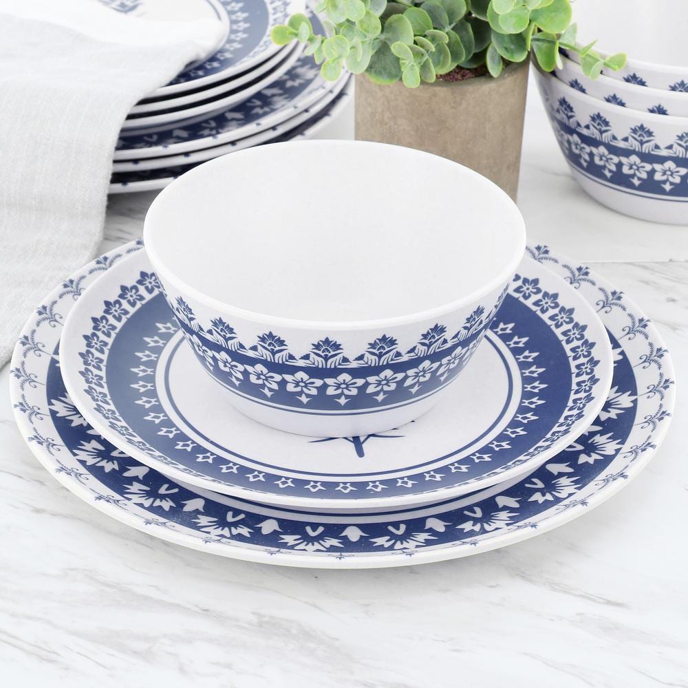 12 Piece Round Bamboo Fiber Dinnerware Set in Blue - Hercitys