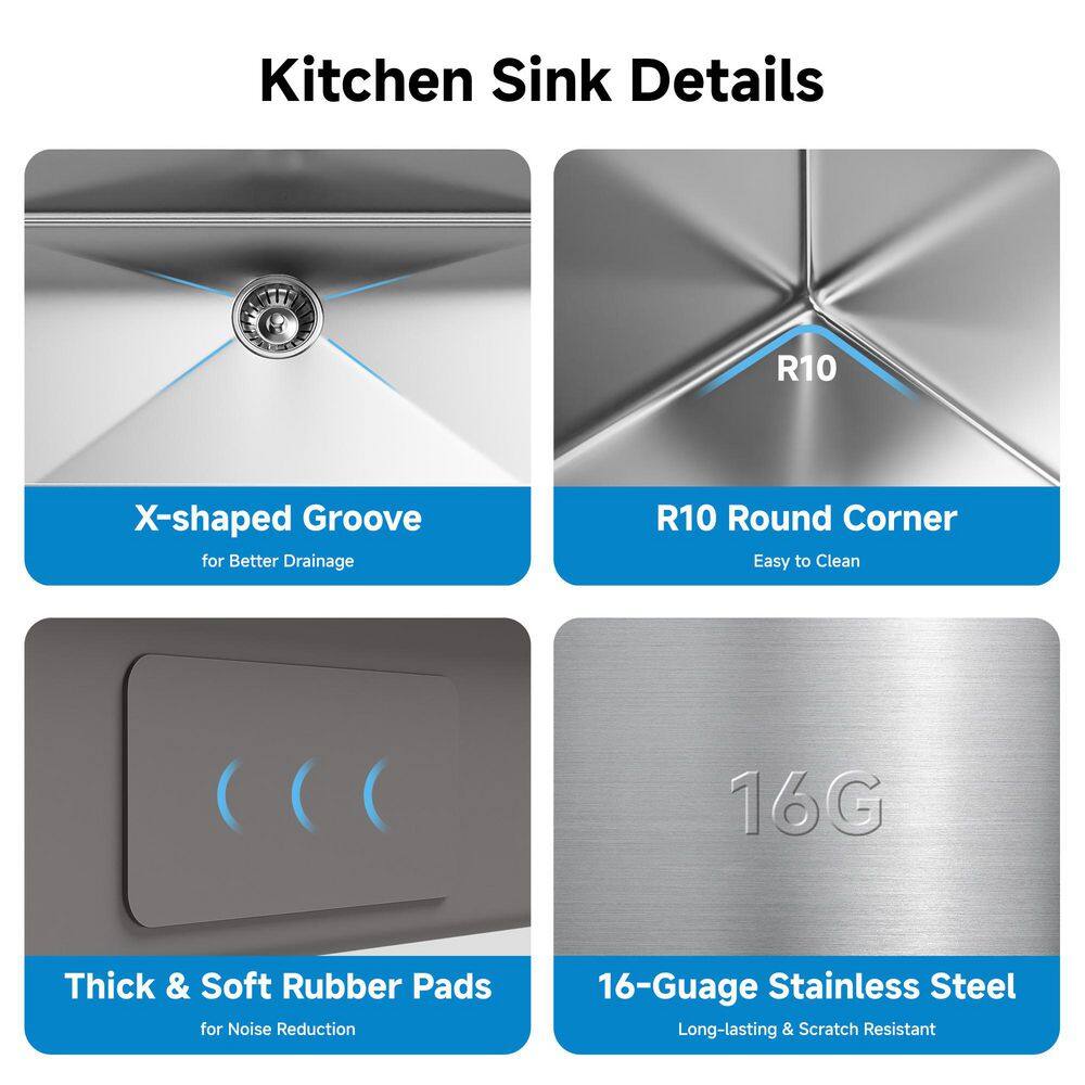 33 in. Drop-In/Undermount Single Bowl 16 Gauge Silver Stainless Steel Kitchen Sink with Cutting Board - Hercitys
