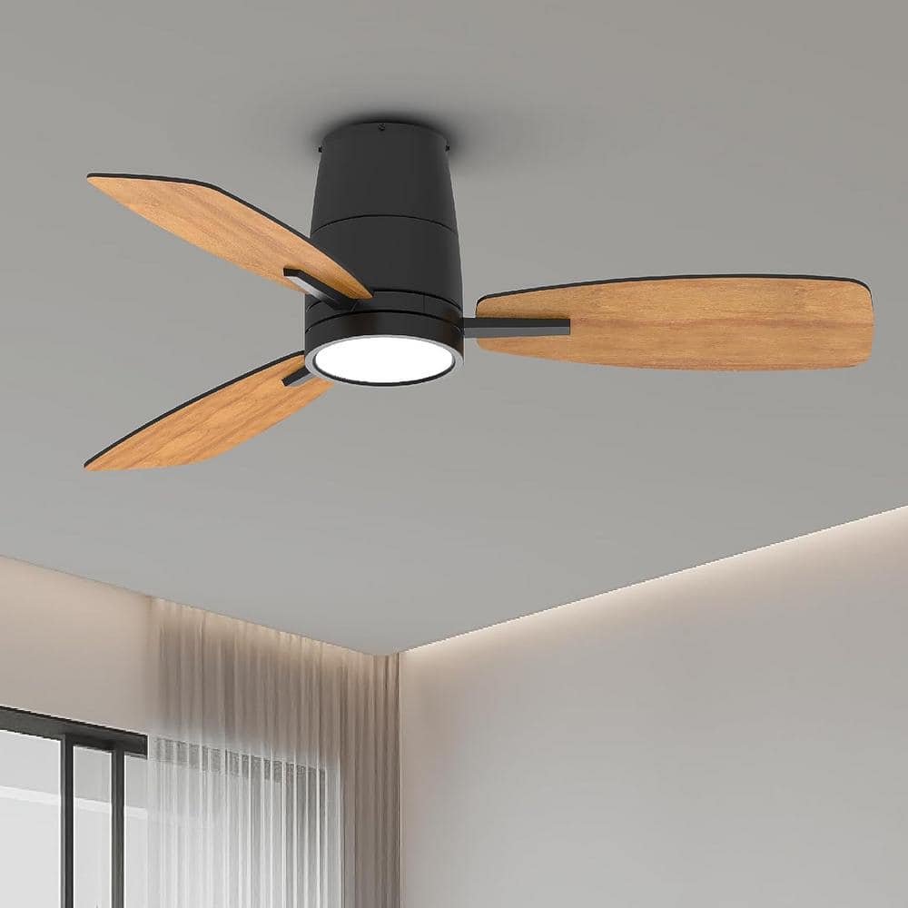 42 in. LED Indoor Black Flush Mount Ceiling fan with Light and Remote Reversible DC Motor and Blades for Home - Hercitys