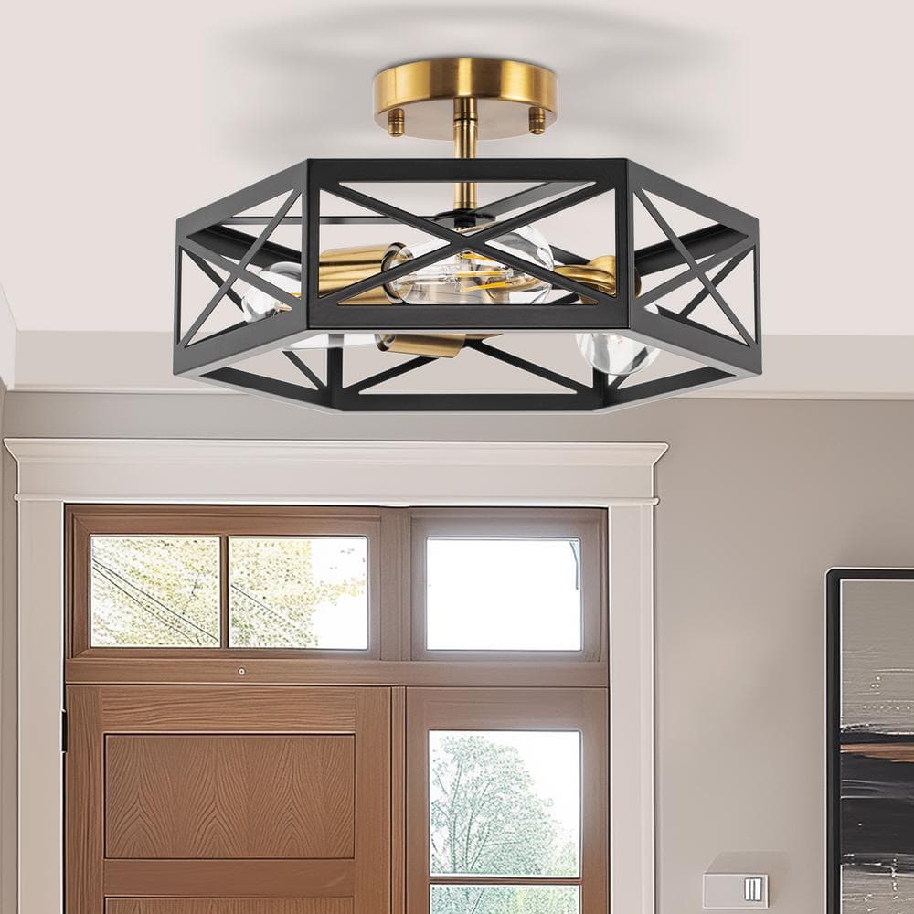 15 in. 3-Light Black Gold Flush Mount Modern Ceiling Light, Hallway Light Fixtures Ceiling Mount - Hercitys