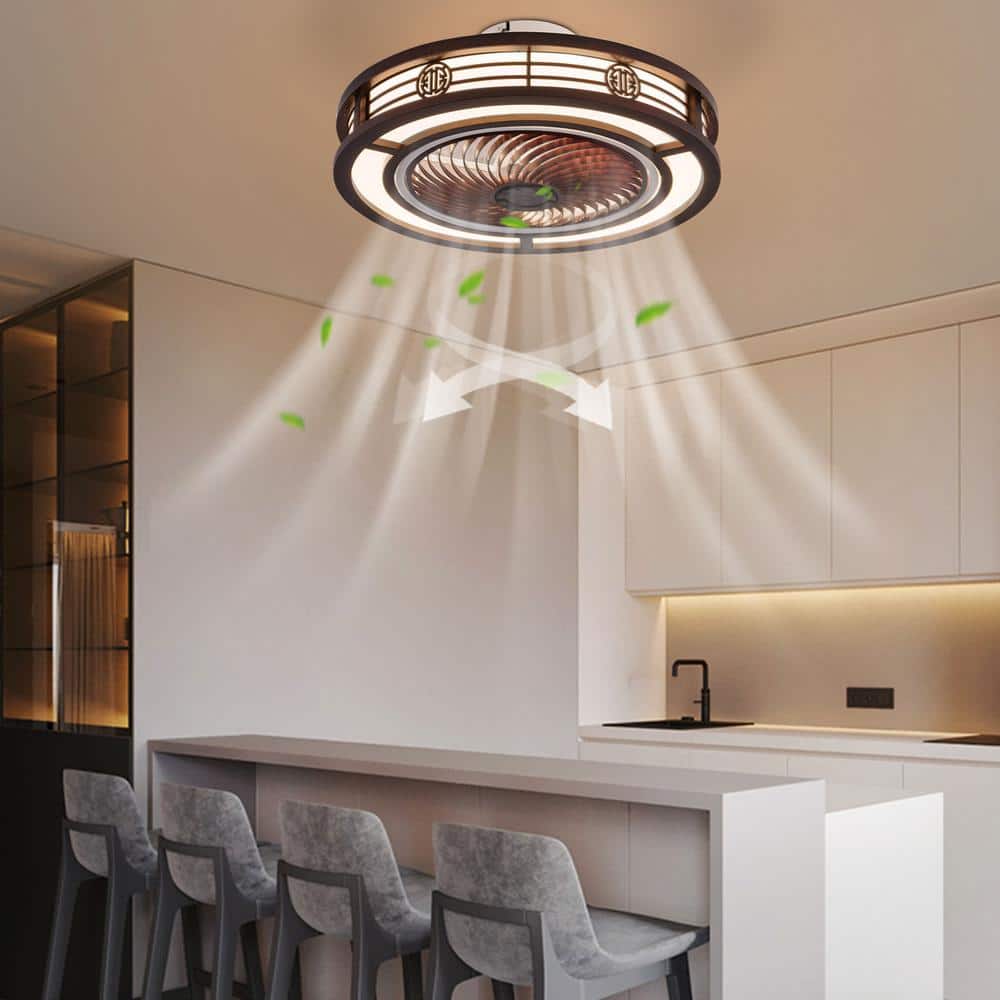 20 in. Integrated LED Indoor Reddish Brown Chinese Style Caged Low Profile Ceiling Fan with Remote and Reversible Motor - Hercitys