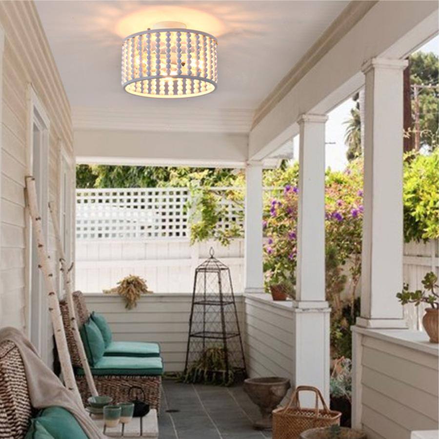 12.8 in. 3-Light White Semi Flush Mount Round Ceiling Light Fixture with Wood Bead and No Bulbs Included - Hercitys