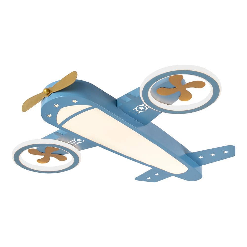 23.62 in. Blue and Gold Creative Airplane-Shaped Dimmable Flush Mount Ceiling Light with Remote and Integrated LED Light - Hercitys