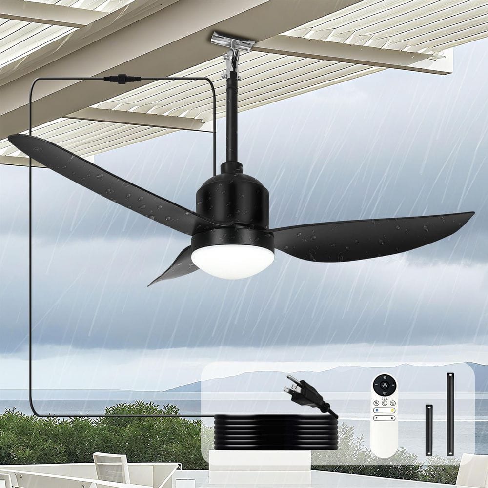 42 in. Indoor/Outdoor Black Waterproof Gazebo Ceiling Fans with Lights Patio Hanging, Plug in for Farmhouse Porch - Hercitys