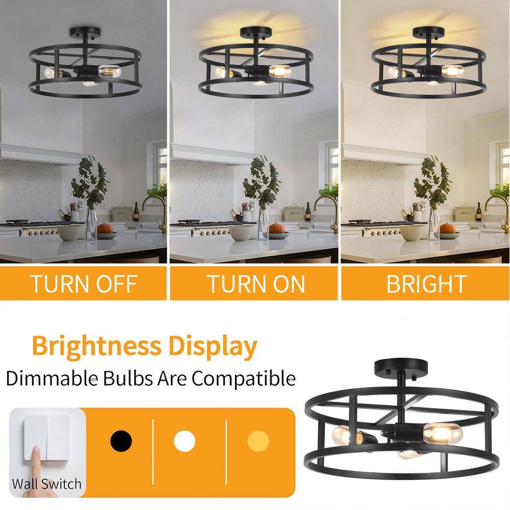16.5 in. 3-Light Black Drum Semi Flush Mount Ceiling Light with No Bulbs Included - Hercitys