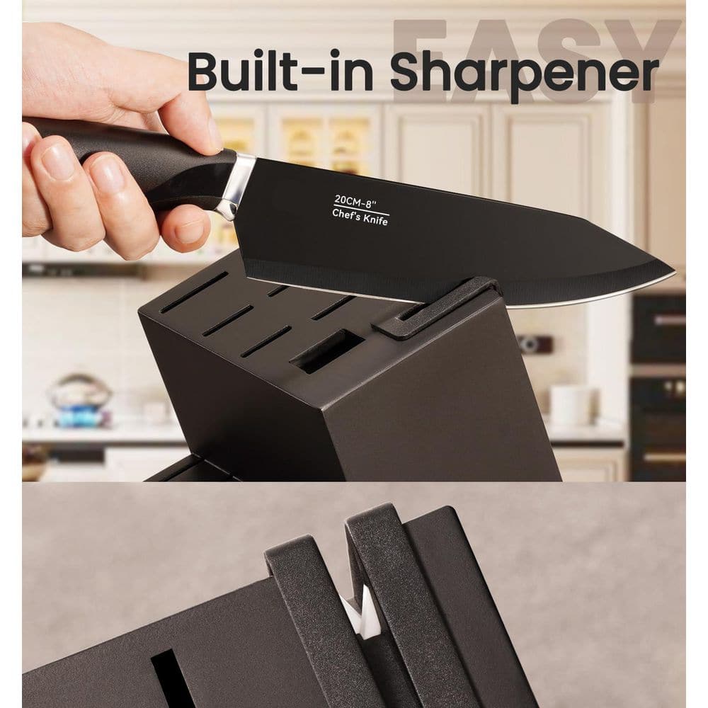 15-Piece German High Carbon Stainless Steel Knife Block Set in Black with Build-in Knife Shapener, Dishwasher Safe - Hercitys