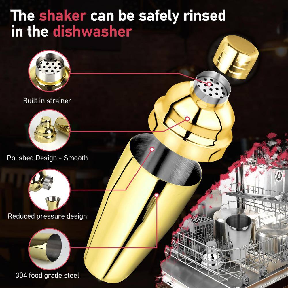 3 in 1 25 oz. Gold Stainless Steel 1-Piece Cocktail Shaker with Measuring Jigger and Mixing Spoon - Hercitys