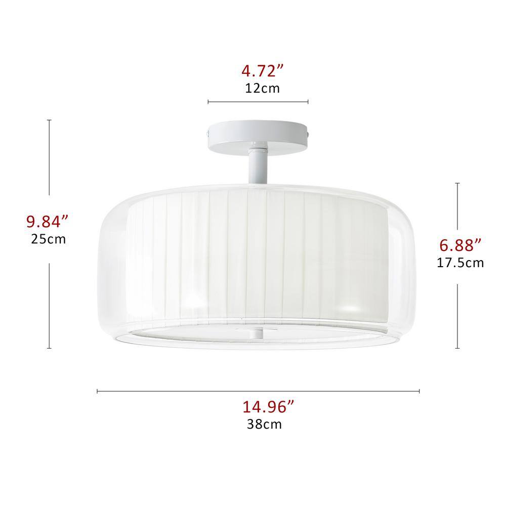 14.96 in. 3-Light White Semi Flush Mount Drum Light Modern Close to Ceiling Lamps with Double Fabric and Glass Shade - Hercitys