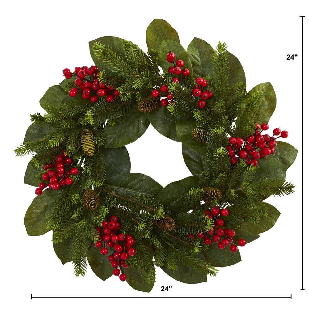 24in. Artificial Unlit Artificial Holiday Wreath with Magnolia Leaf, Berry and Pine - Hercitys